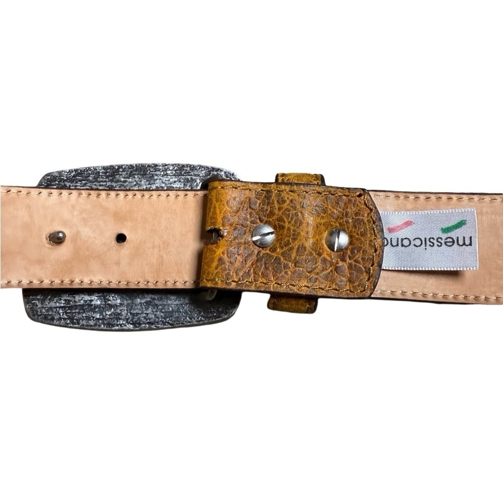 Messicano Leather Belt with Textured Buckle, Size 34, Tan, Like New Condition - Picture 6 of 10